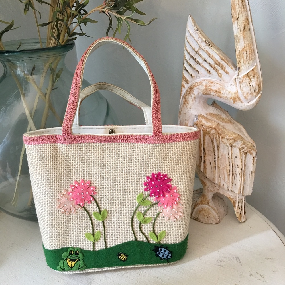 Vintage handbag flower applique tote purse